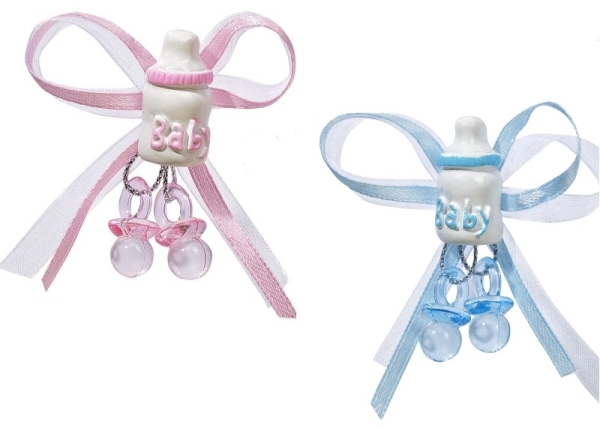Deko -  Schleife mit Flasche und Schnuller - blau  oder rosa - ca. 5cm
